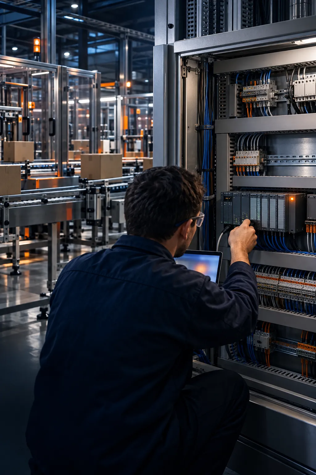 Técnico conectando um notebook ao controlador de um painel elétrico industrial